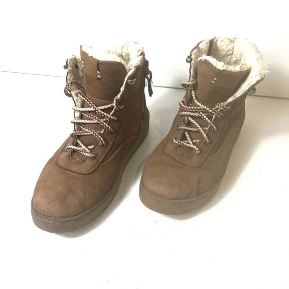 Zara Brown Leather Ankle Boot Lace/Zip Up Big Kids Sz EU 34/35 US 3.5/4 Faux Fur - Picture 1 of 11